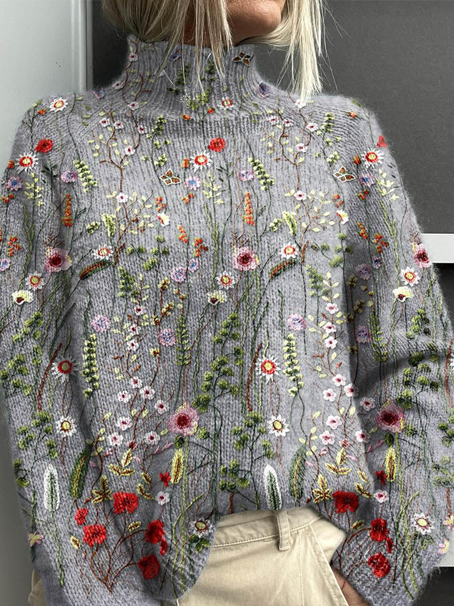 Glenna | Vintage Charming Floral Art Print Turtleneck Sweater