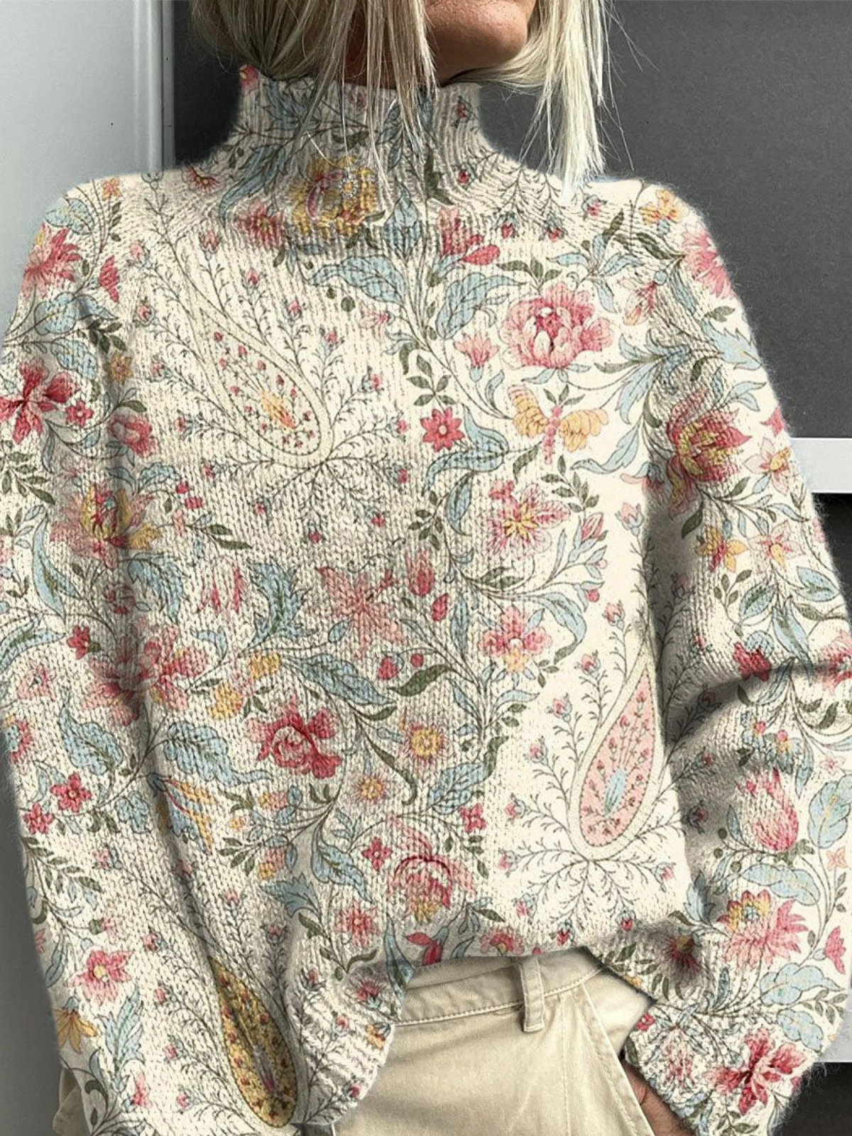 Adelpha | Vintage Floral Print Knit Turtleneck Pullover Sweater