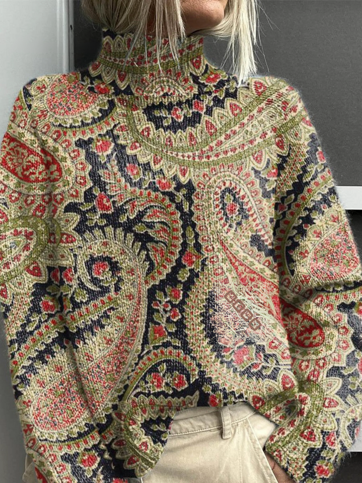 Idril | Vintage Cute Floral Artistic Patterns Knit Turtleneck Sweater