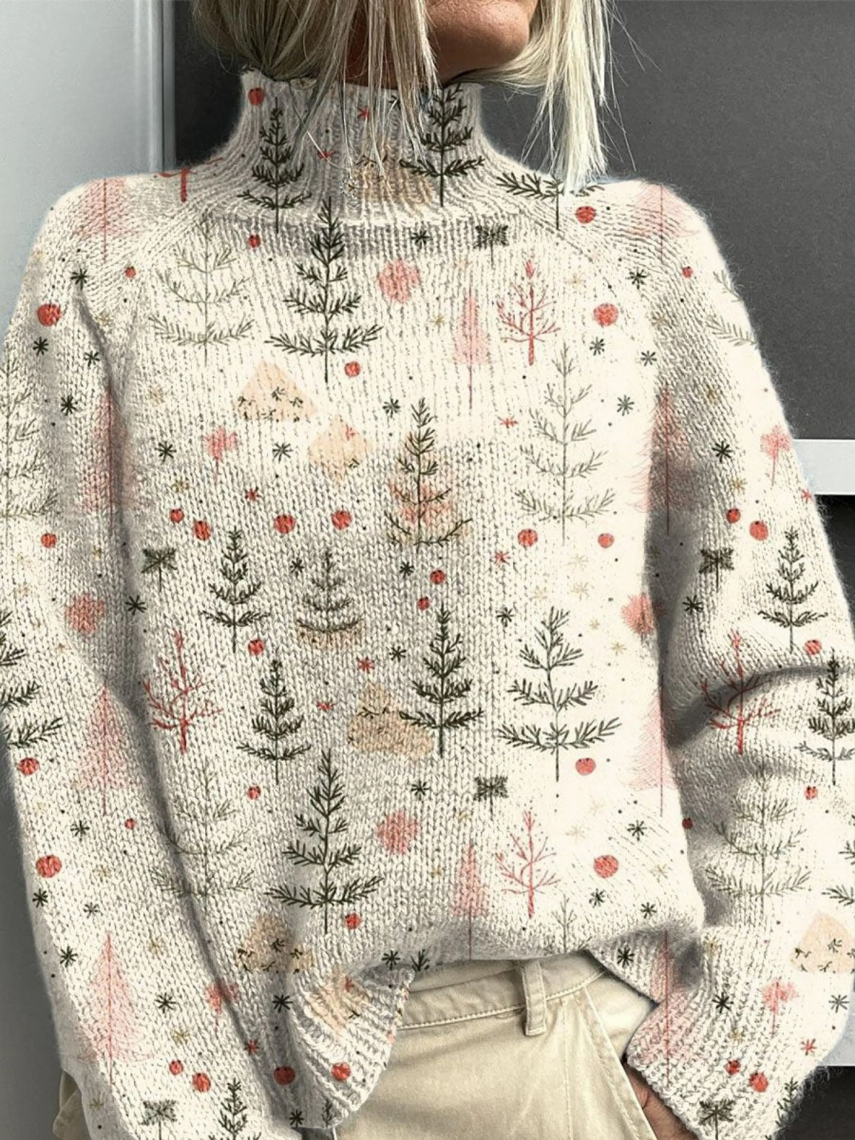 Seawyn | Charming Christmas Tree Printed Turtleneck Sweater