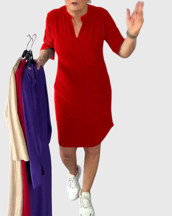 Nina™ - Solid V-Neck Dress