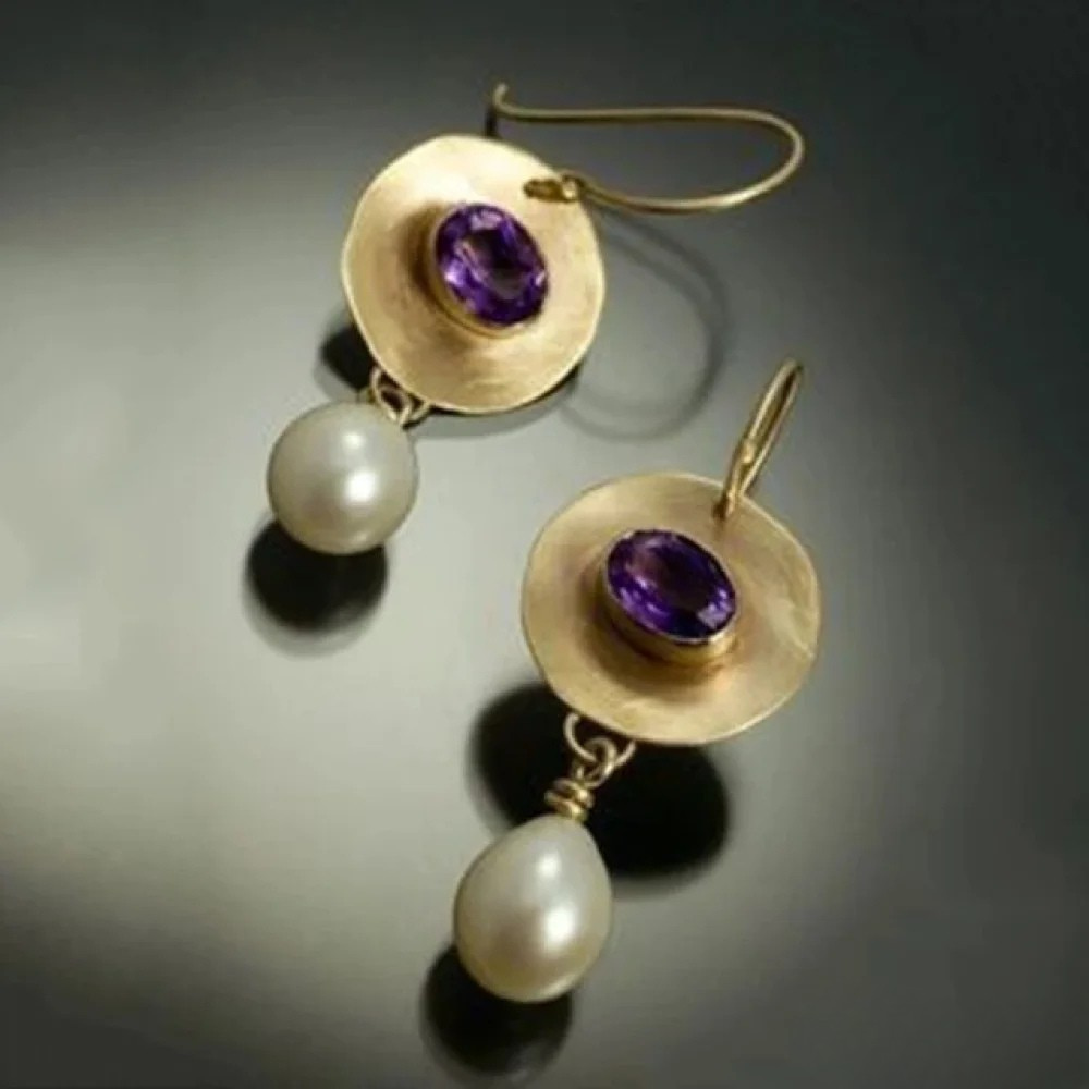 Prezy | Vintage Gold Earrings with Purple Zirconia and Pearls