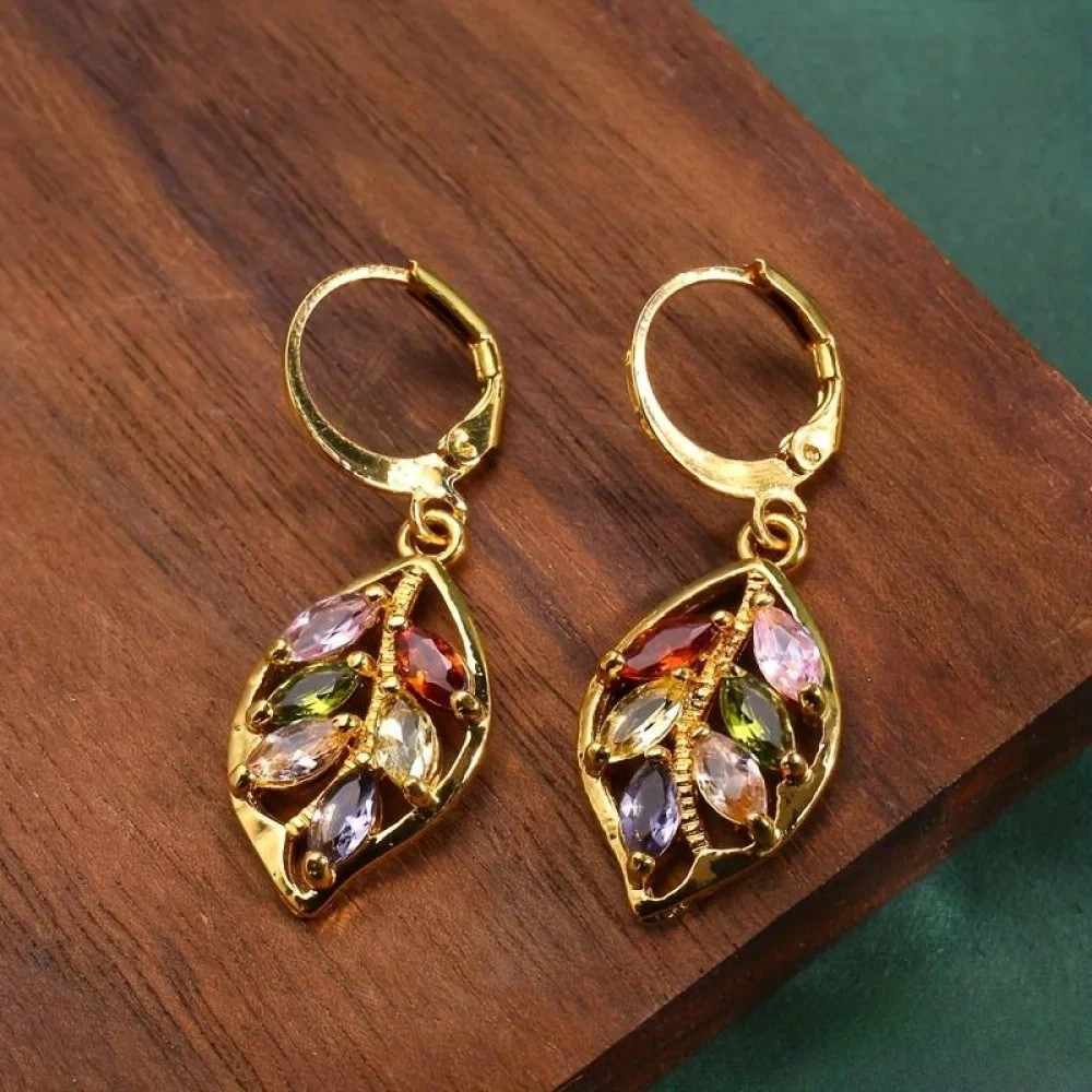 Moran | Vintage Golden Leaf Earrings with Colorful Zirconia