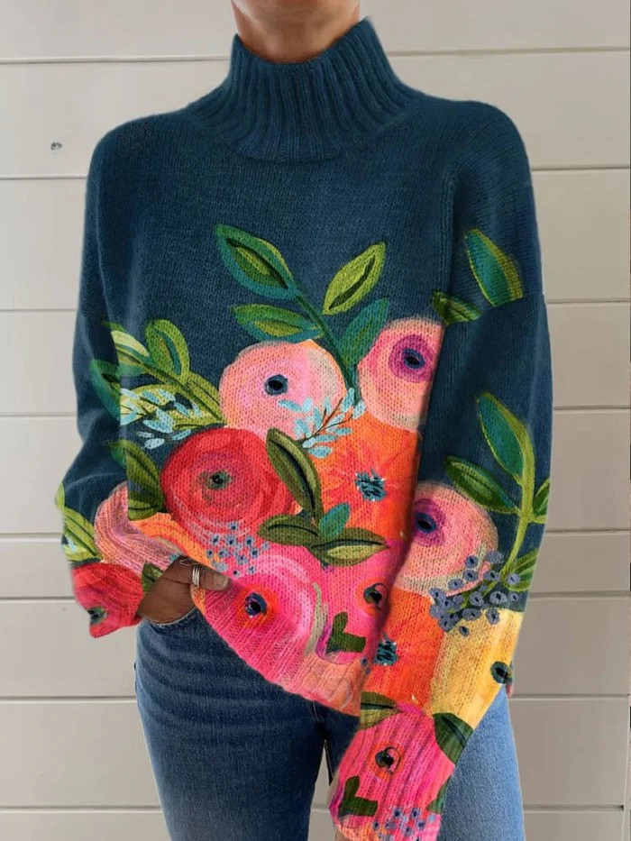 Julyane | Stylish Sweater with Retro Floral Pattern and Elegant Turtleneck