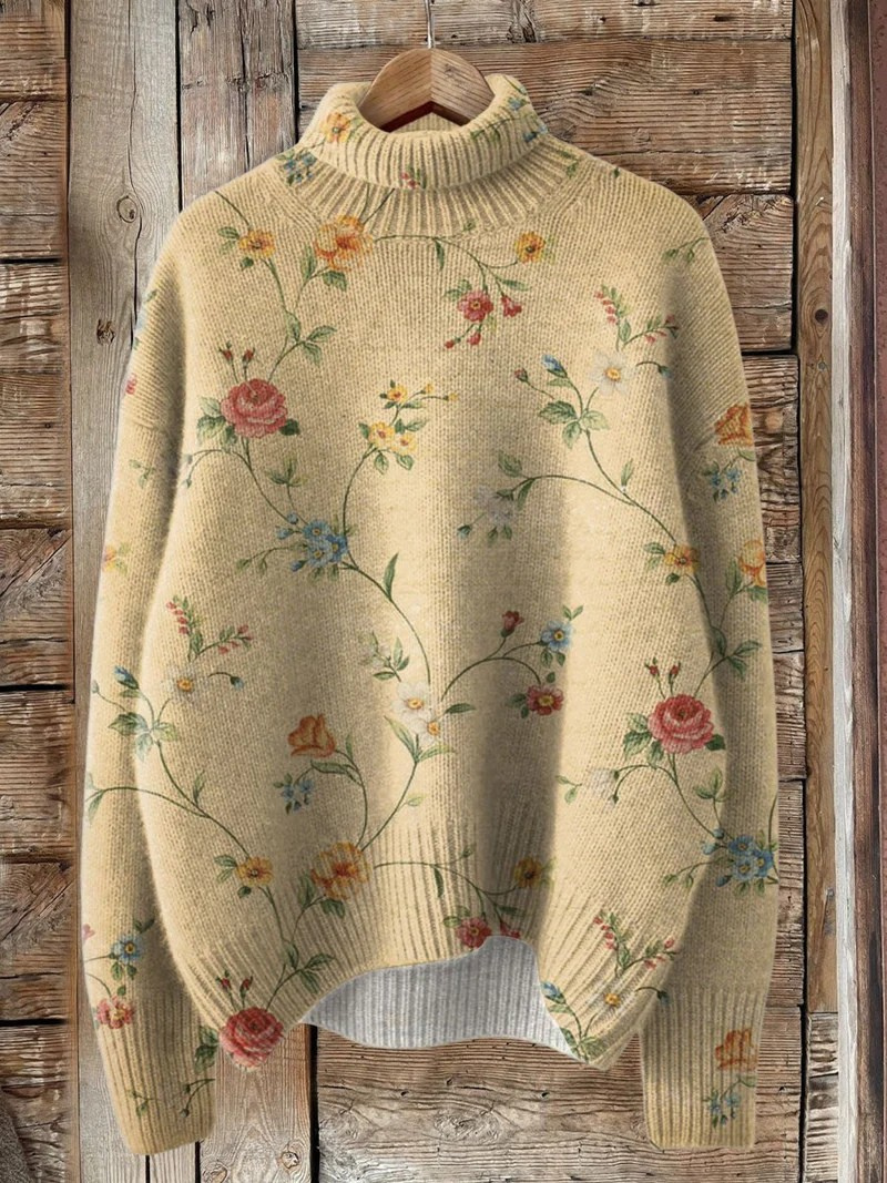 Quira | Stylish Vintage Sweater with a Turtleneck and Charming Floral Pattern